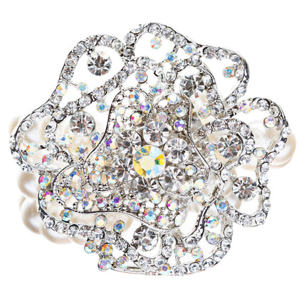 Bridal Wedding Jewelry LG Flower Crystal Pearls Stretch Bracelet Silver Ivory - Accessoriesforever