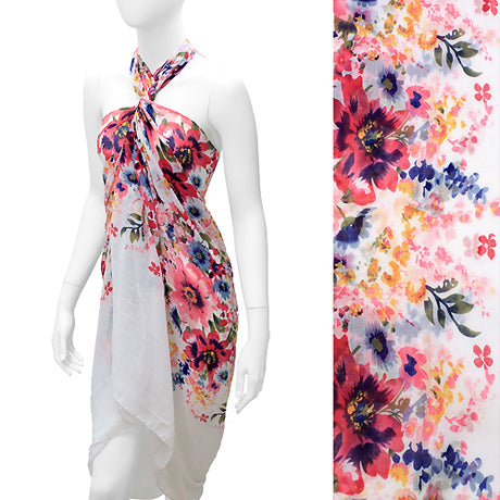 Beach Sarong Pareo Wrap Floral Design Red White