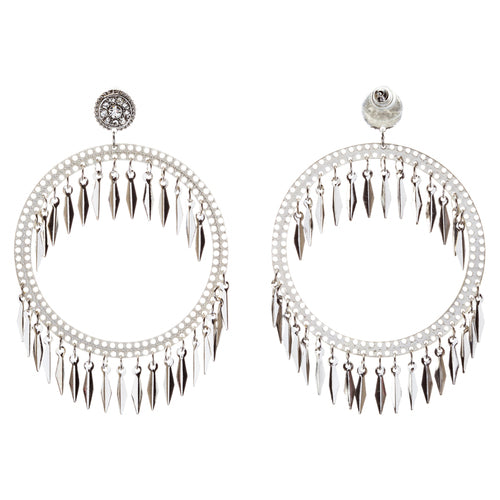 Draped Tassel Dangle Hoop Crystal Earrings Silver