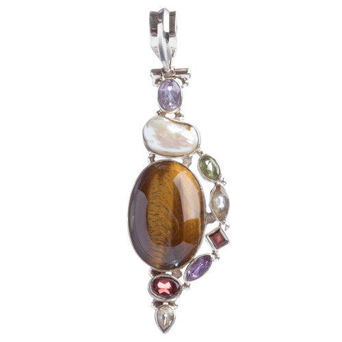 925 Sterling Silver Natural Gemstones Tigers Eye Pearl Pendant FJSVP2083