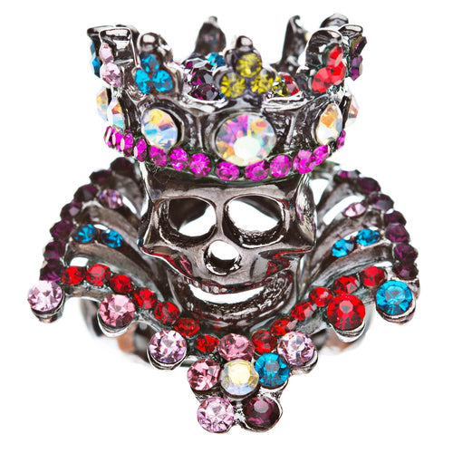 Halloween Costume Jewelry Crystal Skull With Crown Stunning Stretch Ring Multi - Accessoriesforever