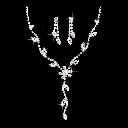 Bridal Wedding Jewelry Set  Crystal Rhinestone Garden Floral Necklace Silver