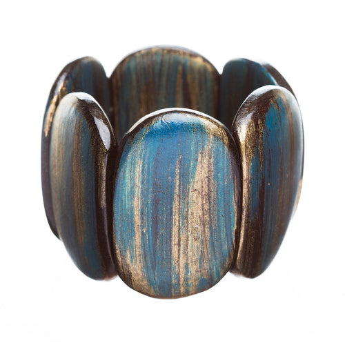 Fashion Trendy Chic Stylish Unique Wood Wide Stretch Bracelet Blue Brown