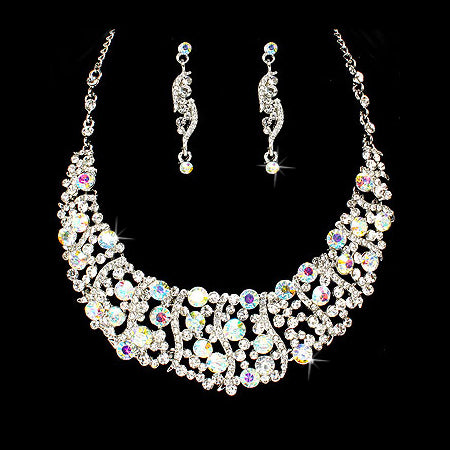 Bridal Wedding Jewelry Set  Necklace Crystal Rhinestone Bib Chunky Silver AB