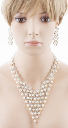 Bridal Wedding Jewelry Crystal Rhinestone Elegant Pearl Drops Necklace J521 SLV - Accessoriesforever
