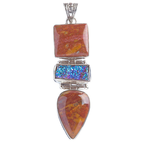 925 Sterling Silver Natural Gemstones Rainbow Druzy Jasper Pendant FJSVP2098