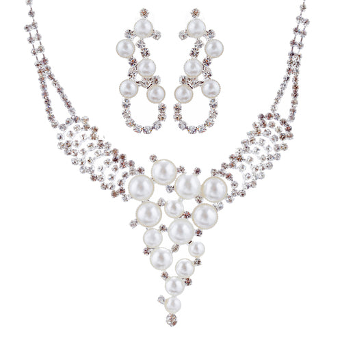 Bridal Wedding Jewelry Set Crystal Rhinestone Pearl Exquisite Design Silver - Accessoriesforever