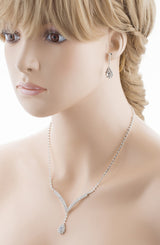 Bridal Wedding Jewelry Set Necklace Earring Crystal Rhinestone LG V Drop Silver