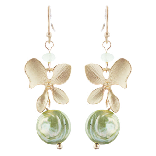 Freshwater Pearl Floral Dangle Drop Earrings Gold Green - Accessoriesforever