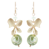 Freshwater Pearl Floral Dangle Drop Earrings Gold Green