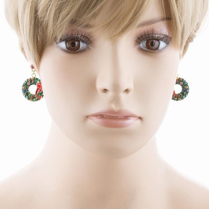 Christmas Jewelry Crystal Rhinestone Wreath Ribbon Charm Earrings Green Gold - Accessoriesforever