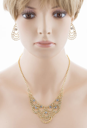 Bridal Wedding Jewelry Set Necklace Earring Crystal Rhinestone Bib Drape Gold