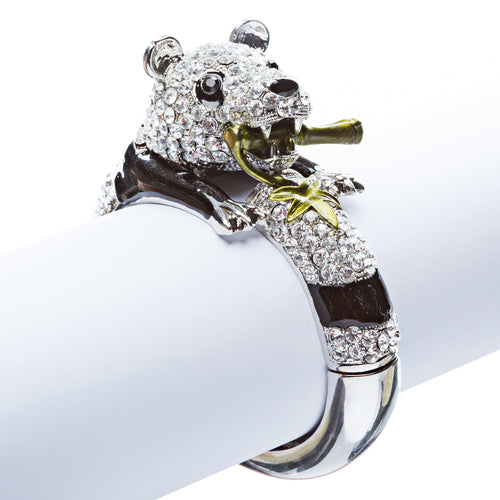 Panda Bamboo Crystal Rhinestone Animal Hinge Stunning Fashion Bracelet Silver
