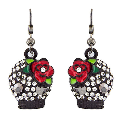 Halloween Costume Jewelry Crystal Rhinestone Rose Skull Earrings E1154 Black