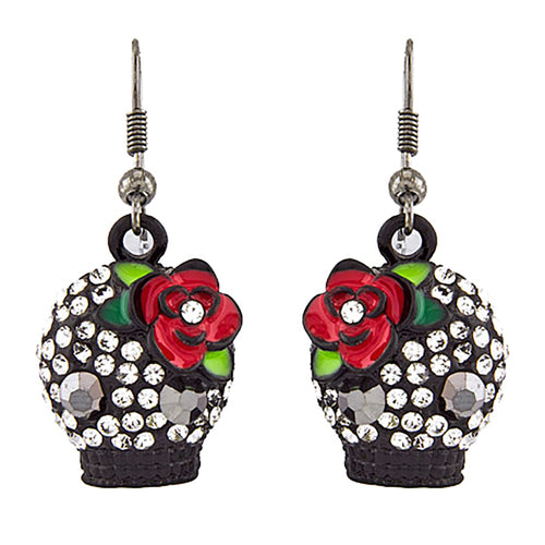 Halloween Costume Jewelry Crystal Rhinestone Rose Skull Earrings E1154 Black