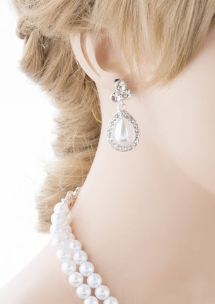 Bridal Wedding Jewelry Crystal Rhinestone Pearl Teardrop Necklace Set J704 SV - Accessoriesforever