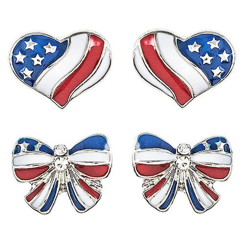 Patriotic Jewelry American Flag Heart Ribbon 2 Pairs Fashion Earrings E1206