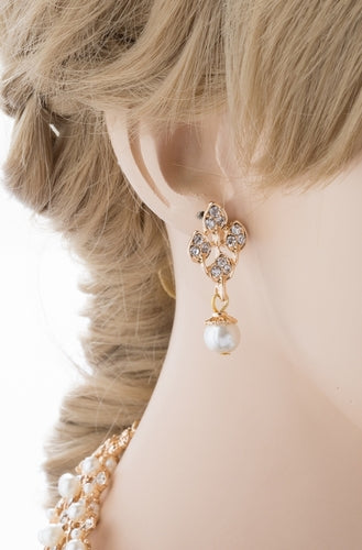 Bridal Wedding Jewelry Set Necklace Rhinestone Pearl Leaf Gold Ivory Cream