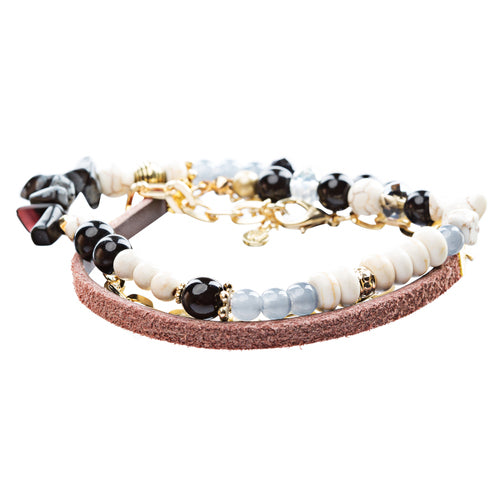 Beautiful Bead Stone Colorful Link Leather Cord Fashion Bracelet B445 Gold Black