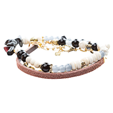 Beautiful Bead Stone Colorful Link Leather Cord Fashion Bracelet B445 Gold Black