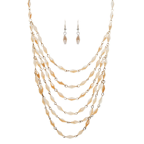 Beautiful Simple Multi Layered Bead Drape Design Statement Necklace Set Beige