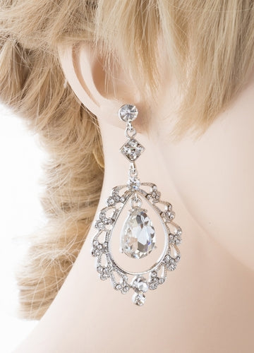 Bridal Wedding Crystal Rhinestone Teardrop Open Dangling Drop Fashion Earrings - Accessoriesforever