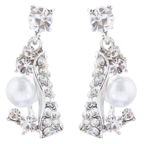Bridal Wedding Jewelry Set Crystal Pearl Chunky Duo Linear Drops Silver White