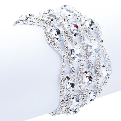 Bridal Wedding Jewelry Crystal Rhinestone Dazzling Stone Wide Bracelet Silver