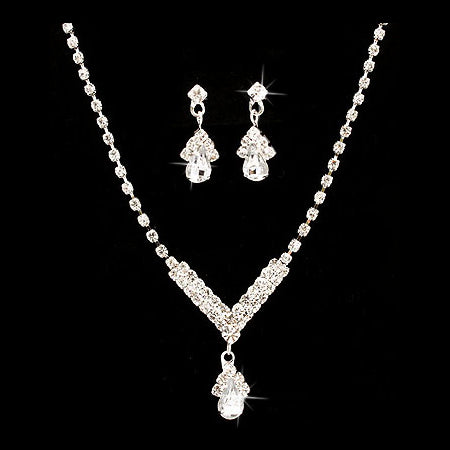 Bridal Wedding Jewelry Set  Necklace Earring Crystal Rhinestone SM V Drop Silver
