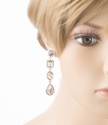 Bridal Wedding Jewelry Crystal Stones Multi Shapes Linear Drop Earrings Silver - Accessoriesforever