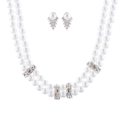 Bridal Wedding Jewelry Set Crystal Pearl Double Strands Necklace White - Accessoriesforever