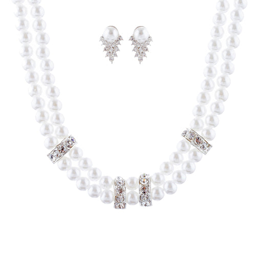 Bridal Wedding Jewelry Set Crystal Pearl Double Strands Necklace White