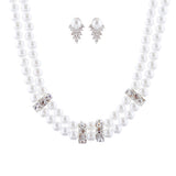 Bridal Wedding Jewelry Set Crystal Pearl Double Strands Necklace White