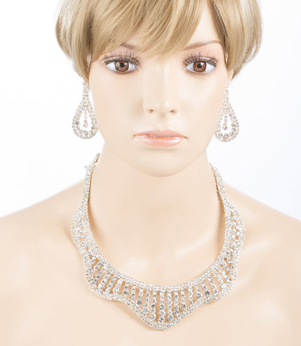 Bridal Wedding Jewelry Set Crystal Rhinestones Wavy Curl Bib Necklace Silver