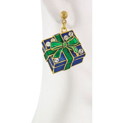 Christmas Jewelry Holiday Crystal Rhinestone Gift Box Earrings E1143 Green - Accessoriesforever