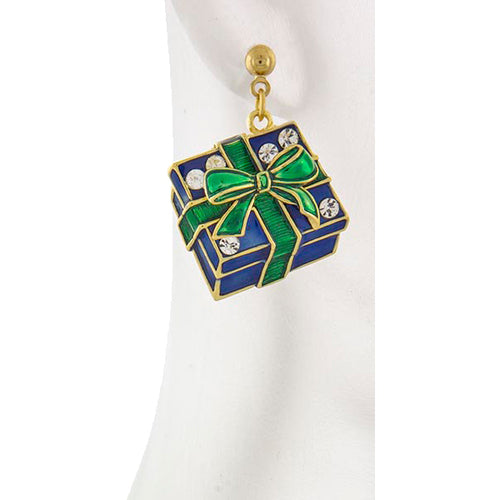 Christmas Jewelry Holiday Crystal Rhinestone Gift Box Earrings E1143 Green - Accessoriesforever
