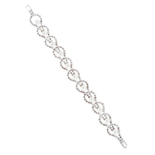 Fashion Chic Crystal Rhinestone Bulb Shape Faux Pearl Link Bracelet B423 Silver