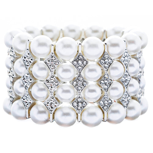 Bridal Wedding Jewelry Stunning 4 Rows Pearl Crystal Stretch Bracelet Silver