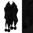Soft Knit Ruffle Fashion Cold Weather Scarf with Pompoms Black