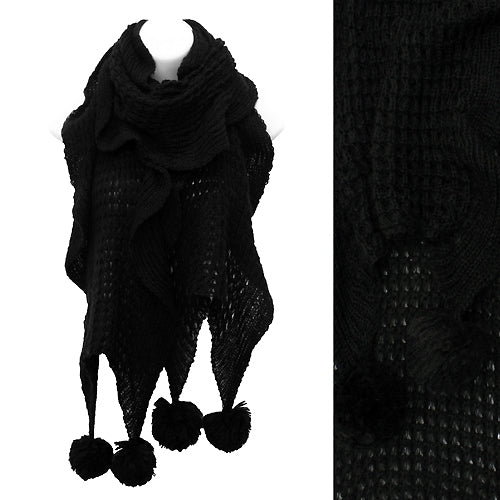 Soft Knit Ruffle Fashion Cold Weather Scarf with Pompoms Black