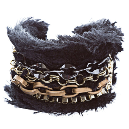 Multi Chain Soft Fur Cuff Bangle Bracelet Black - Accessoriesforever