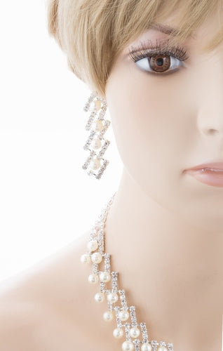 Bridal Wedding Jewelry Crystal Rhinestone Elegant Pearl Drops Necklace J521 SLV