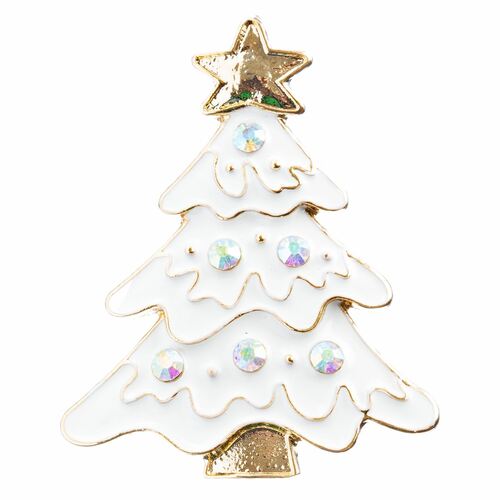 Christmas Jewelry Crystal Rhinestone White Enamel Christmas Tree Pin BH132 White