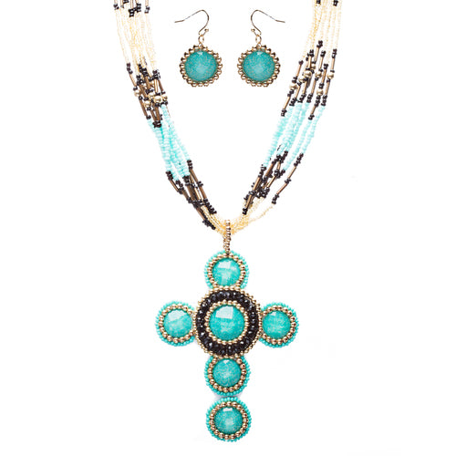 Cross Jewelry Traditional Design Beaded Necklace & Earrings Set JN245 Turquoise