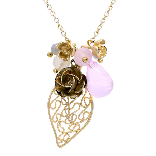 Floral Charm Tear Drop Crystal Handmade Necklace Pink