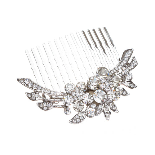 Bridal Wedding Jewelry Crystal Rhinestone Duo Flowers Hair Comb Pin Silver