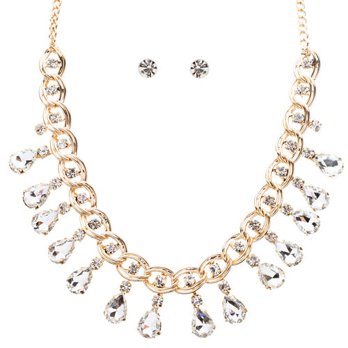 Beautiful Crystal Rhinestone Dazzling Dangling Teardrop Necklace Set J528 Gold