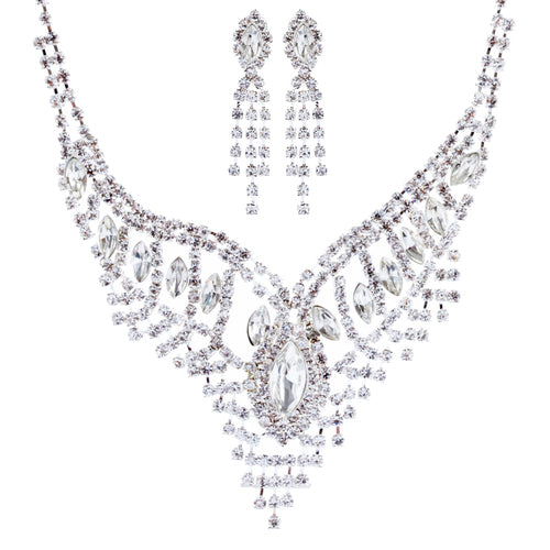 Bridal Wedding Jewelry Crystal Rhinestone Stunning Necklace Set J720 Silver