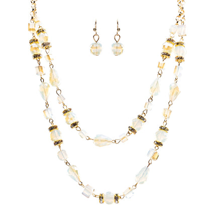 Beautiful Fashion Beads Double Layered Design Statement Necklace Set Ivory