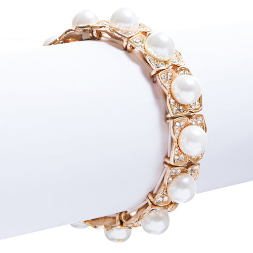 Bridal Wedding Jewelry Crystal Rhinestone Elegant Faux Pearl Bracelet B356 Gold - Accessoriesforever